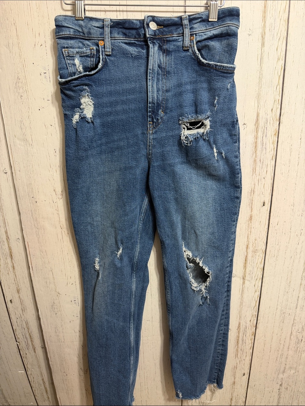Free People Distressed Medium Blue High-Rise Skinny Jeans